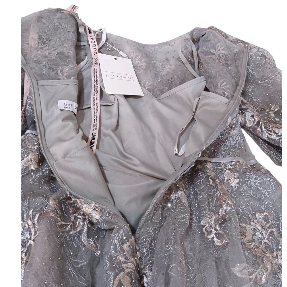 MAC DUGGAL Dress NEW 12 Silver Gray Beaded Tulle Midi Tea‎ Puff Sleeve Event - Picture 8 of 10